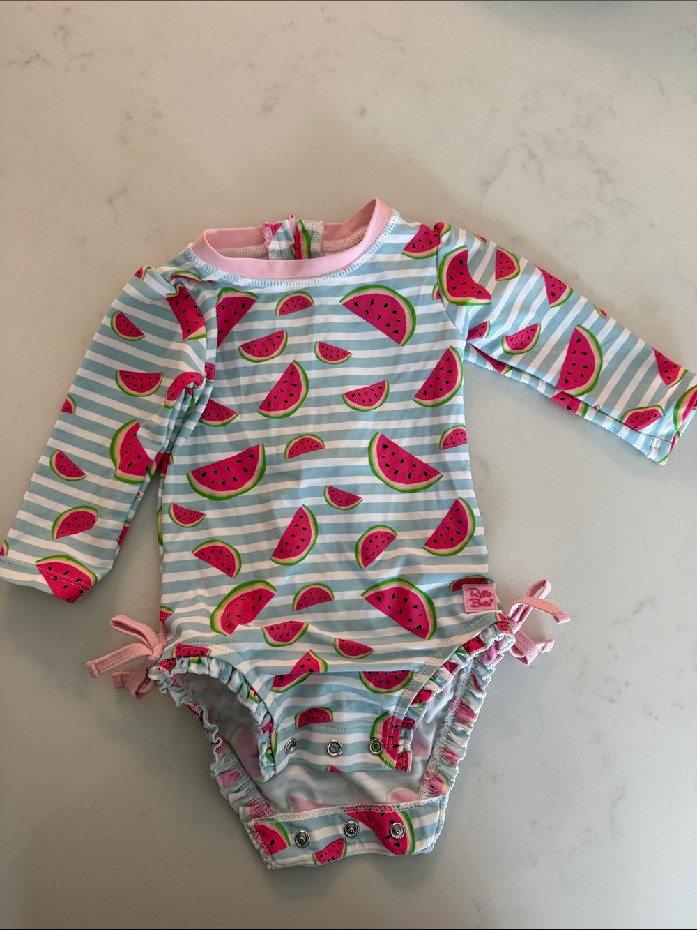 Ruffle Butts Pink & Blue Watermelon Long-Sleeve Rashguard One-Piece